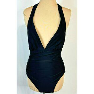 DKNY Womens Black One-Piece Halter Swimsuit L Large Nylon & Spandex